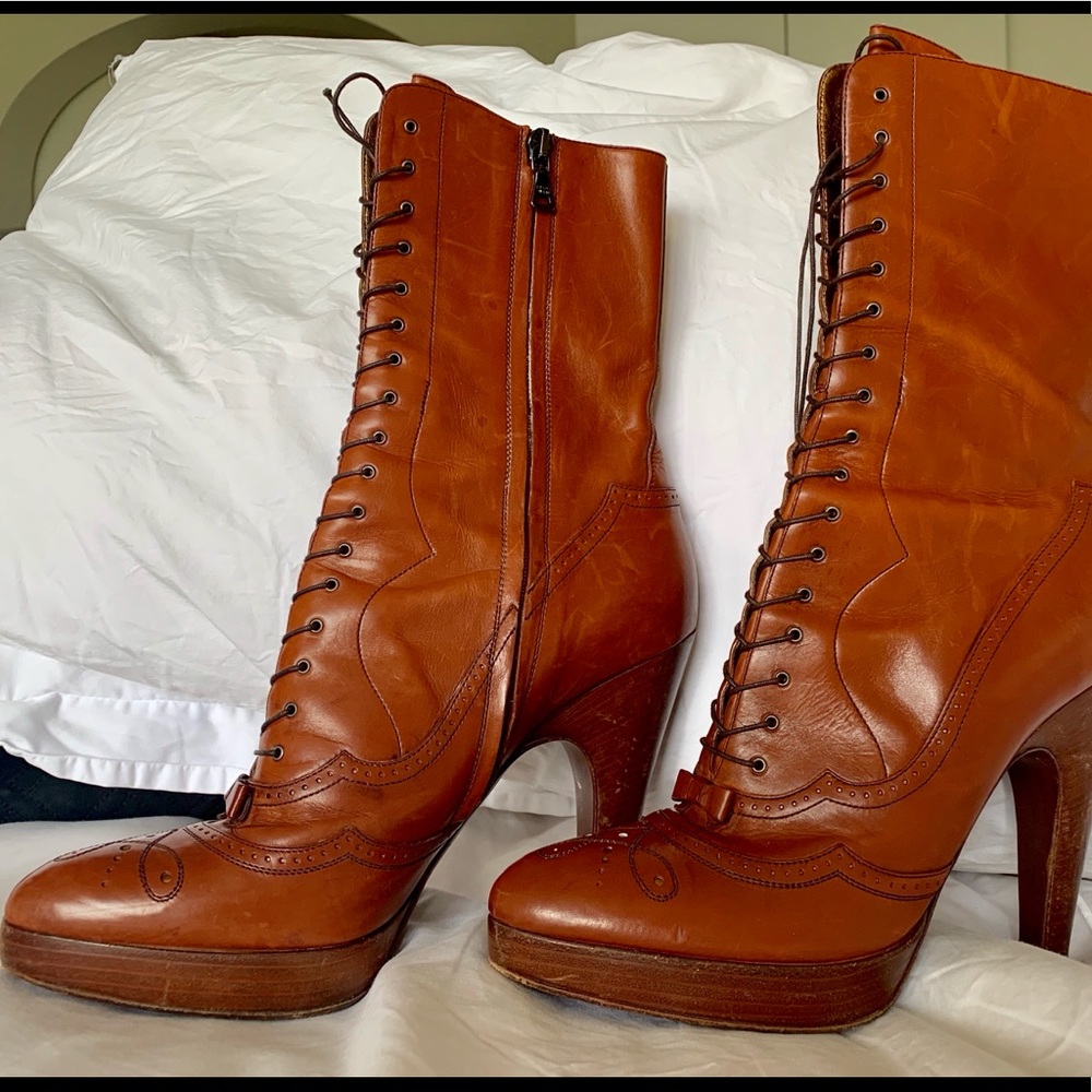 Prada high heel Saddle color lace up/zip boots